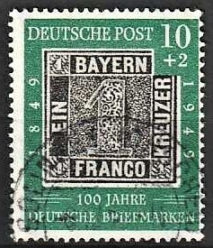 FRIMÆRKER VESTTYSKL. BUND: 1949 | AFA 1076 | Frimærkets 100-års jubilæum - 10 + 2 pf. grøn/sort - Stemplet